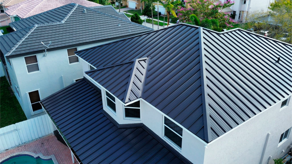 Roofing contractor inspecting storm damage on a residential roof in Florida
