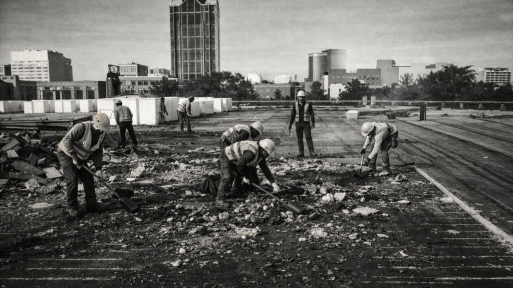 Professional roofing contractors installing a metal roof panel on a residential home
