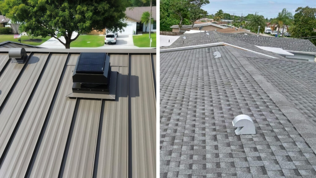 Asphalt shingles vs metal roofing Florida heat comparison on a residential home inspected by a roofing contractor