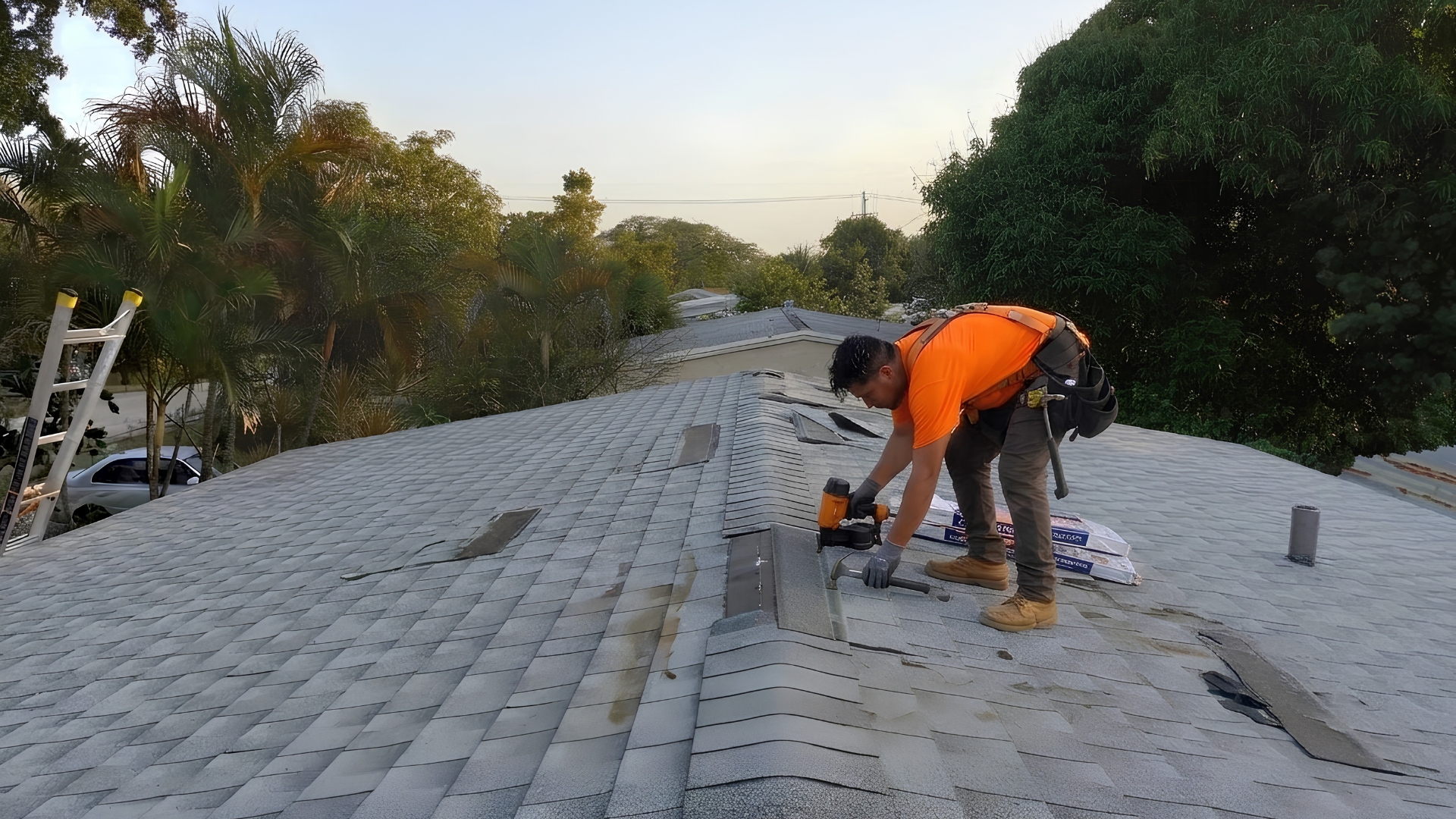 Roof leak repair vs roof replacement Florida with a roofing contractor inspecting a damaged residential roof