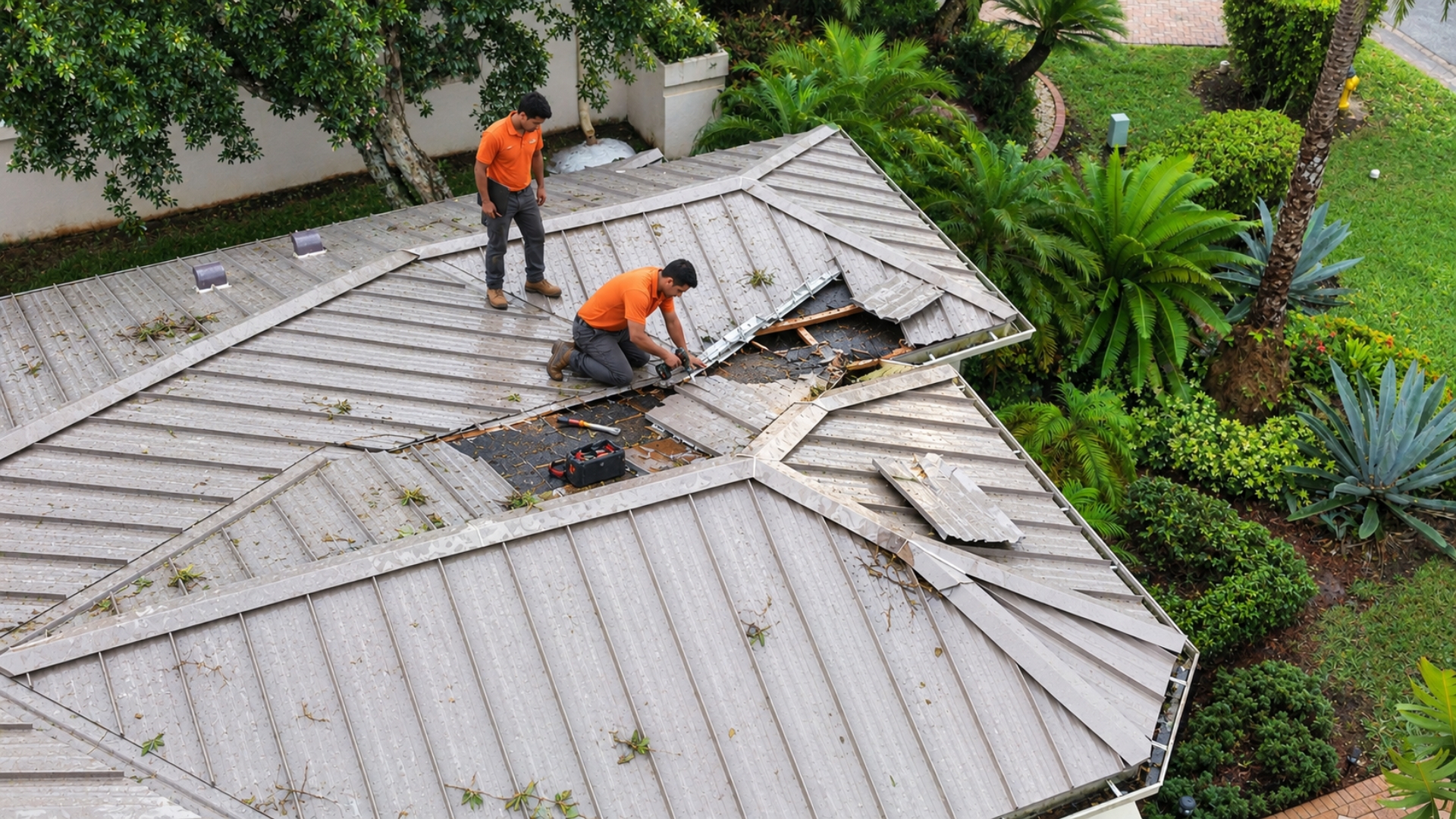Emergency roof repair after major storm damage to a Florida home