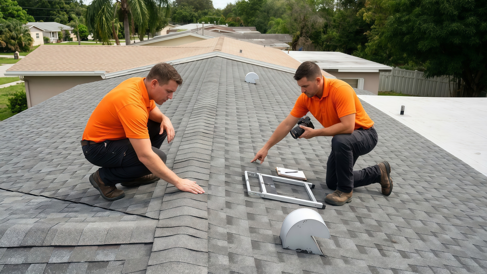 Roofing contractor performing a routine roof inspection on a Florida home